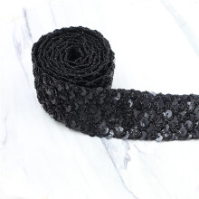 Sequin Ribbon 1 Yard, 3.5 cm Width, Metallic Stretch Sequin Trim, Elastic Flat Glitter Border, Black, For Sewing