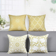 Conjunto de almofadas decorativas para móveis de jardim, em linho cinza, com estampa de folhas douradas e amarelas, com zíper invisível.