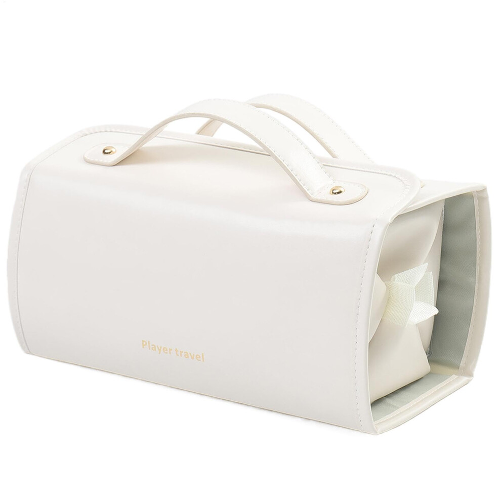 Cream Makeup Bag Large Capacity 4In1 Rollup Detachable Multicompartment Travel Cosmetic Bag Leather Waterproof