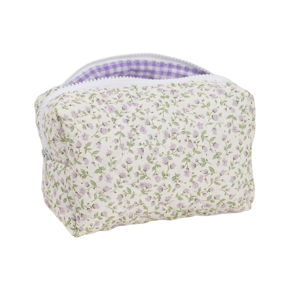 Purple Makeup Pouch Large Quilted Floral Cotton, Zipper Closure, Travel Toiletry Bag,