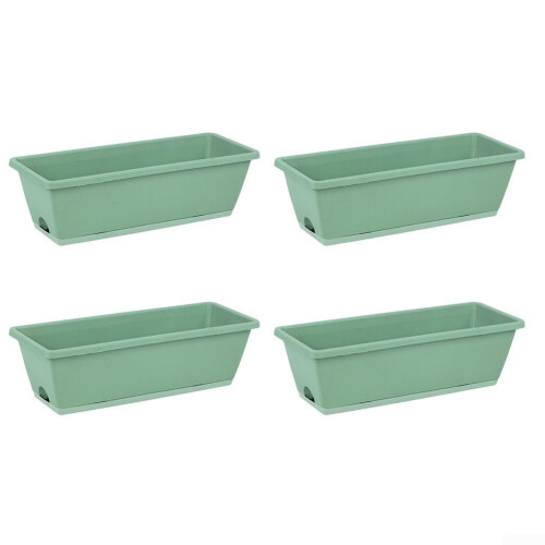 Plastic Window Flower Plant Boxes 4Pack Rectangular Design Drainage Holes Trays Light Green Windowsills And Balconies