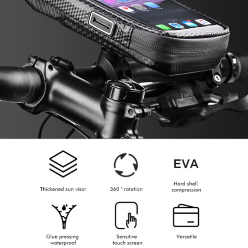 Bolsa para bicicleta com tela sensível ao toque para celulares de 5,5 a 6,5 polegadas, capa impermeável para celular com viseira reforçada e alta 2