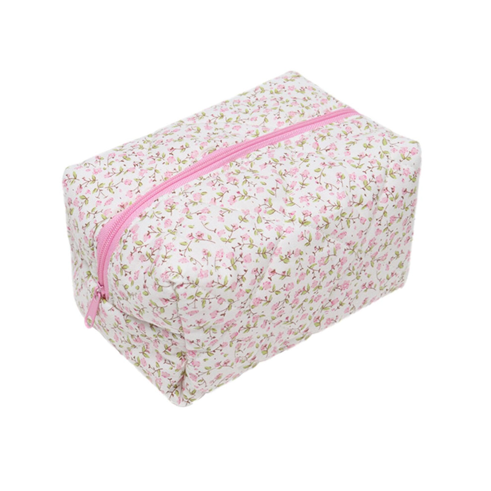 Pink Cotton Quilted Bag, Travel Cosmetic Bag, Camping Toiletry Bag, Vanity Case With Metal Zipper For Lipstick, Perfume