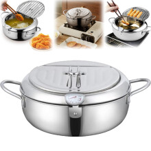 Stainless Steel Frying Pot With Thermometer And Temperature Control And Oil Drip Drainer Rack 9.5 Inch Japanese Style