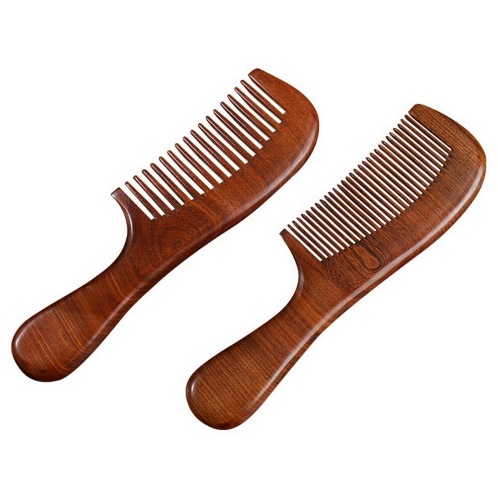2PCS Natural Sandalwood Wooden Hair Comb Set, AntiStatic Wide and Fine Tooth for Smooth Detangling