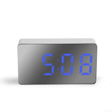 Mini LED Mirror Clock USB Powered Clock Battery Powered Silent Digital Alarm Clock Portable Travel Car Clock Blue