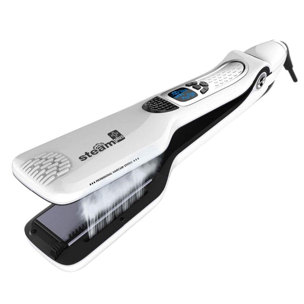 White Professional Titanium Ceramic Steam Hair Straightener With Lcd, Adjustable Heat And Comb