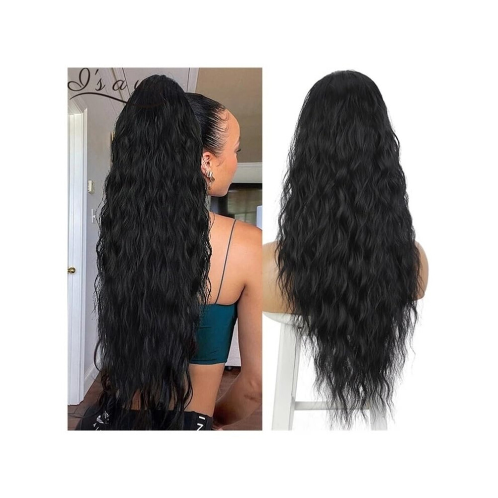 Unisex Black Ponytail Extension Water Wave Drawstring Ponytail Human Hair Virgin Clipin Hair Piece 22 Inch