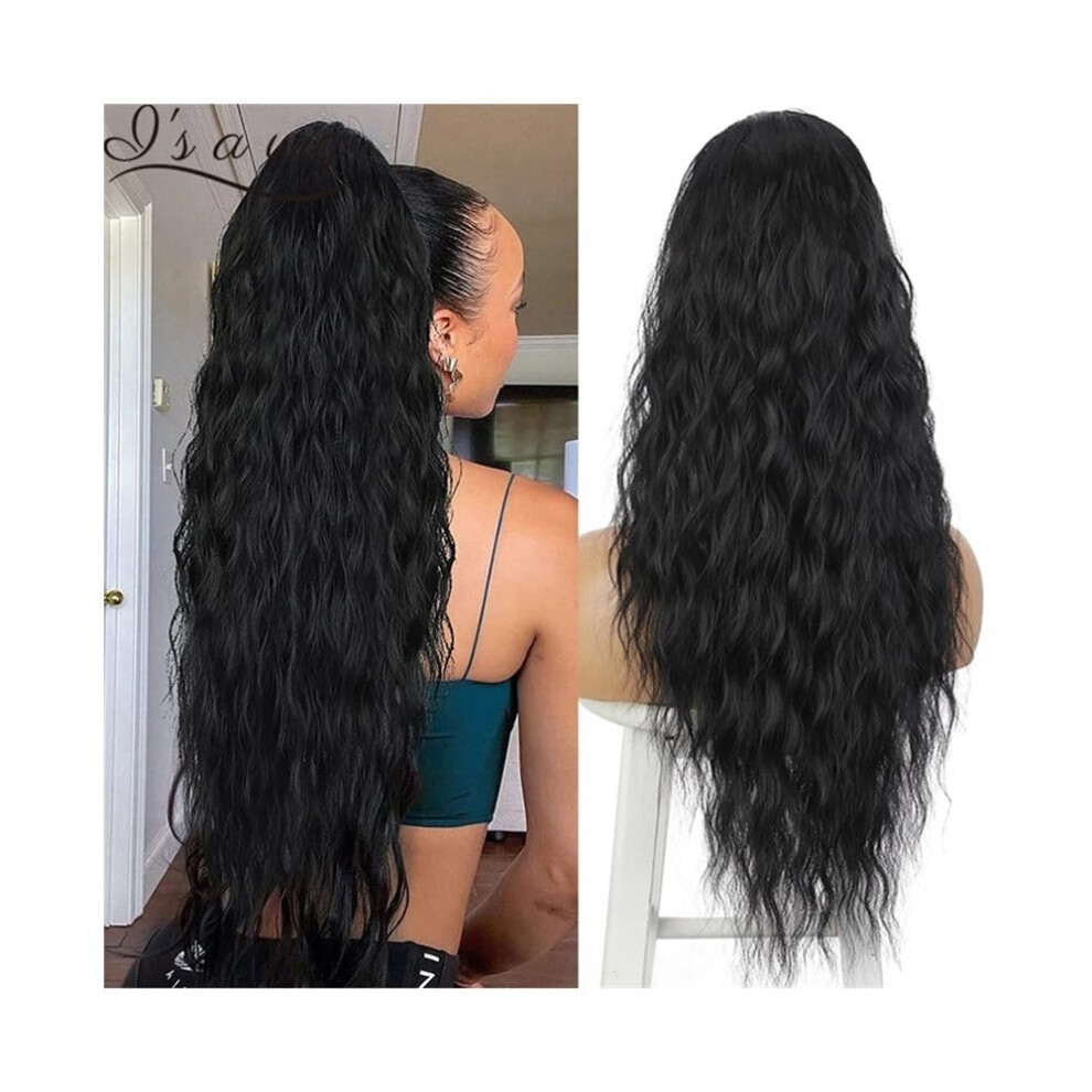 Unisex Black Daily Water Wave Drawstring Ponytail 14Inch Natural Human Hair Ponytail Extension Clipin Wave