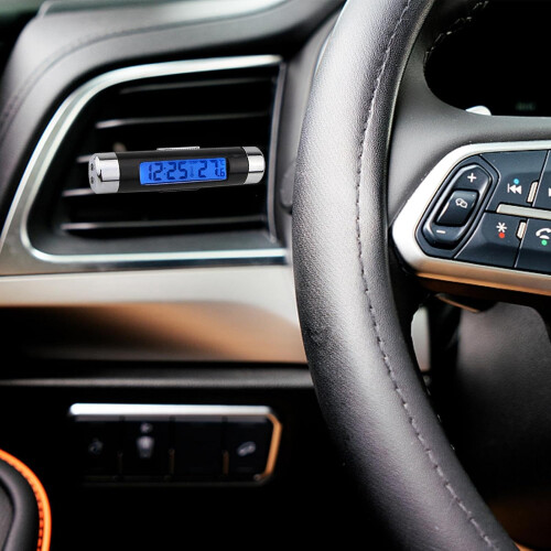 Car Dashboard Clock with Digital Thermometer, Blue Backlight, Air Vent Mount, Accurate Time Display 1