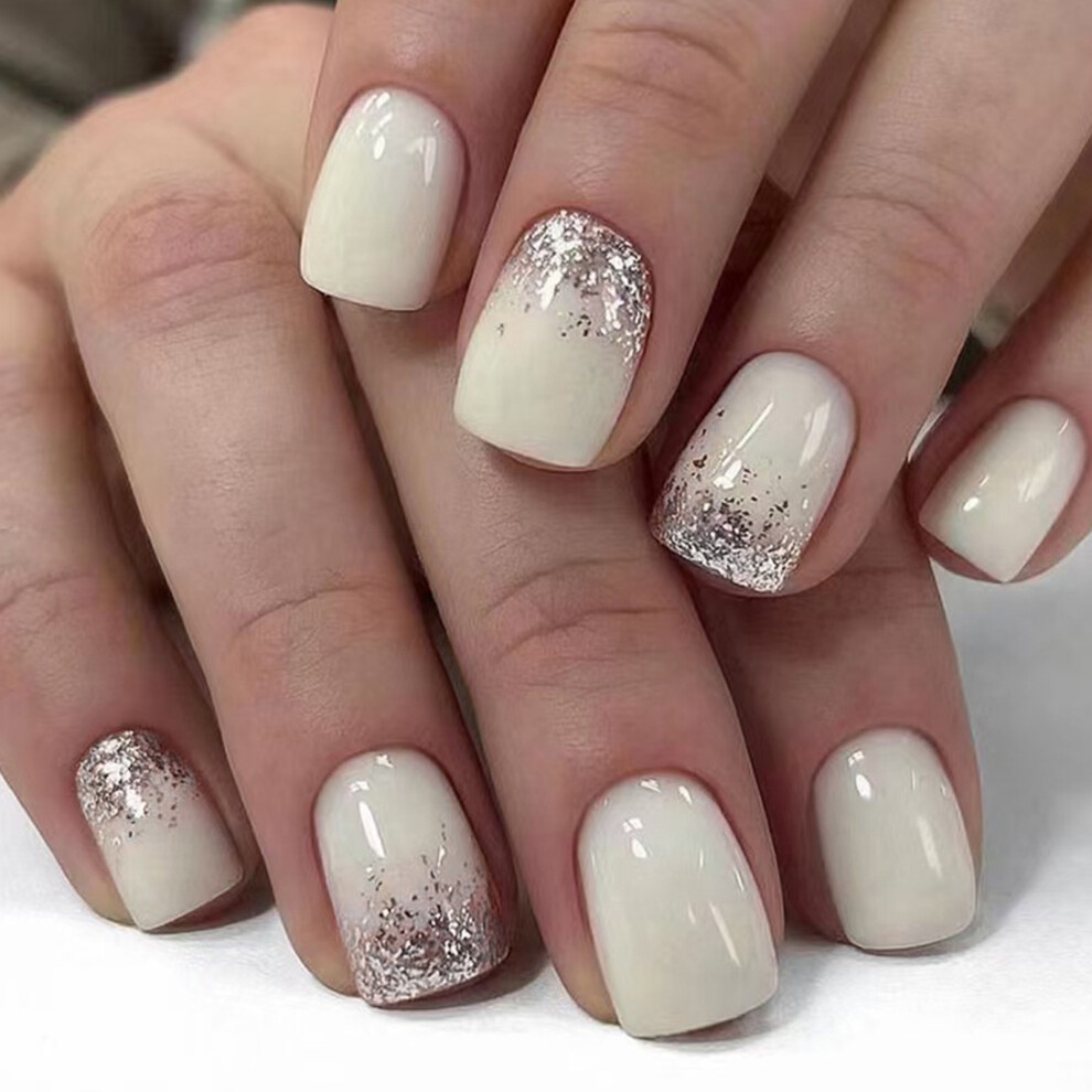 24 Pcs French Tip Stick On Nail Glittering False Nail Short