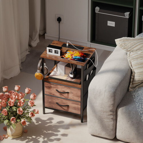 Homcom HOMCOM Slim Side Table with Charging Station, Bedside Table, Rustic Brown