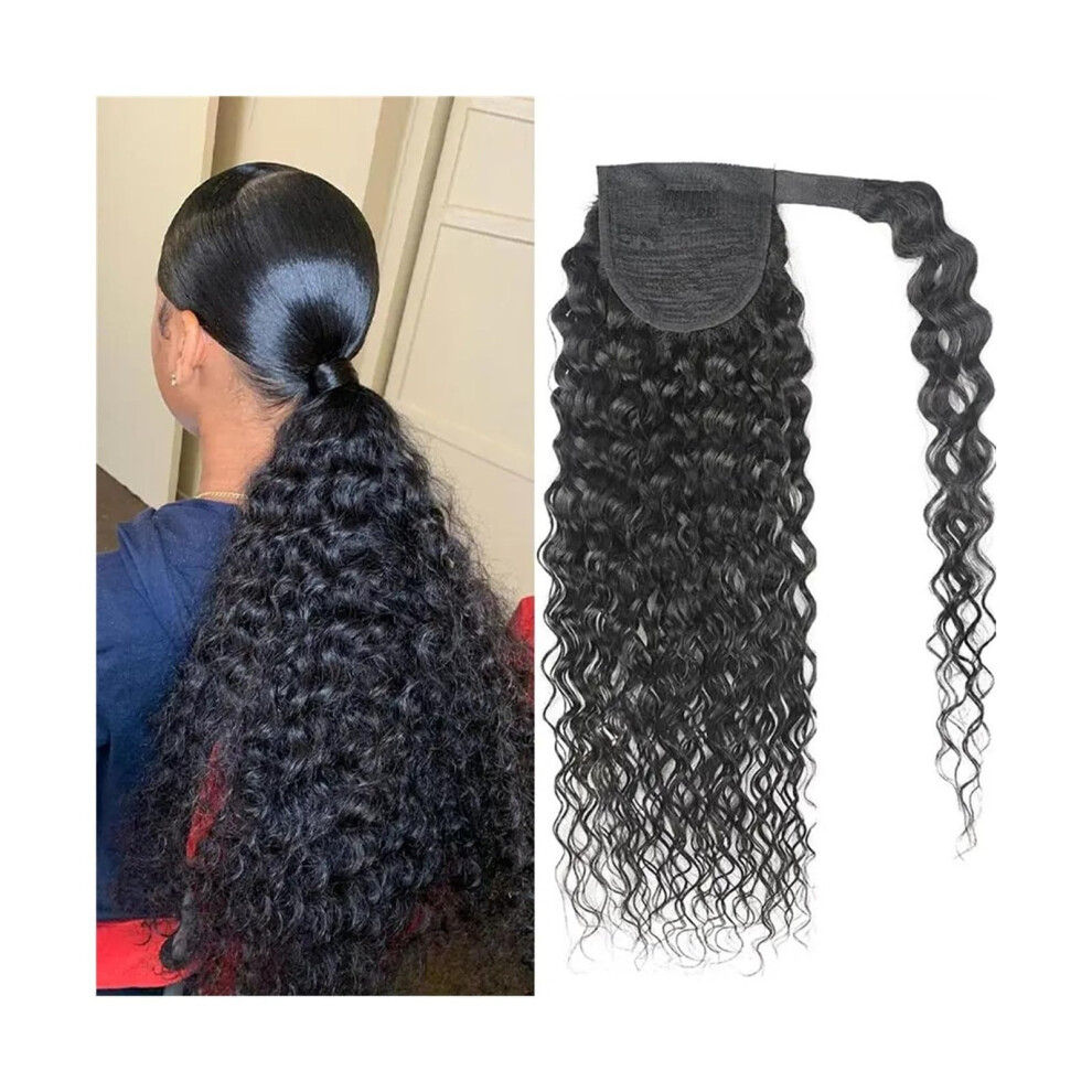 Unisex Black Ponytail Extension Deep Wave Wraparound Clipin Human Hair 824 Inch Hairpiece For Women
