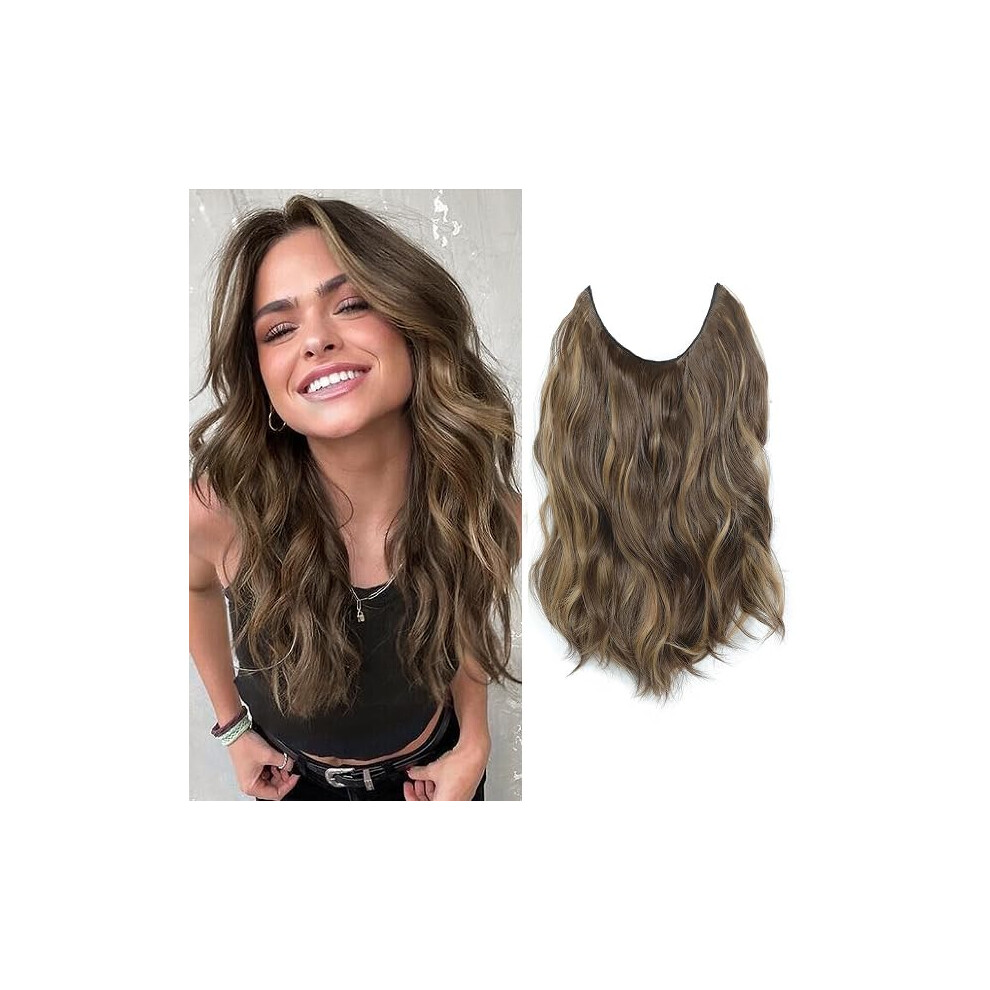 Unisex Brown Hair Extensions 14Inch Invisible Wire Clipin Adjustable Wavy Synthetic 4 Secure Clips Light Honey Blonde