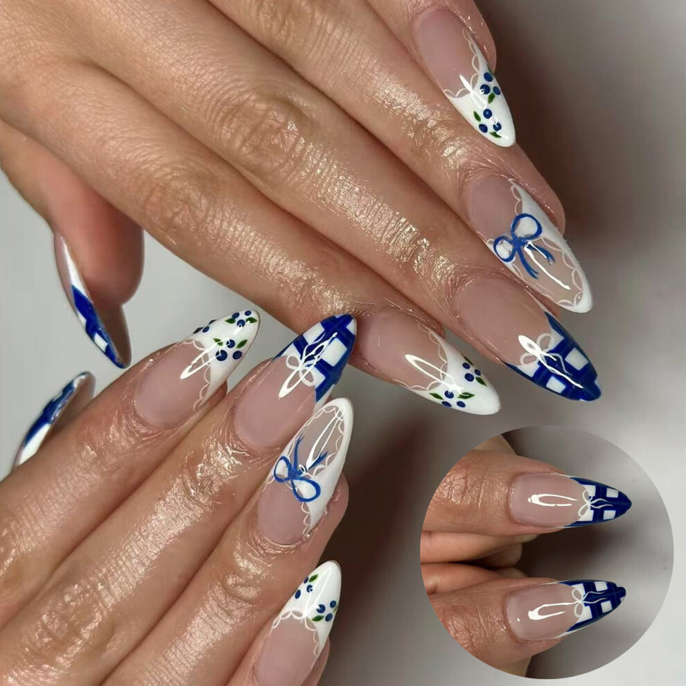 Almond Press On Nail Glossy False Nail Blueberry and Bows Nail