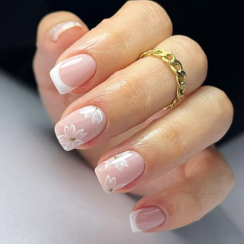 Flower Press On Nail 24Pcs Glossy Short Artificial Nail Tips
