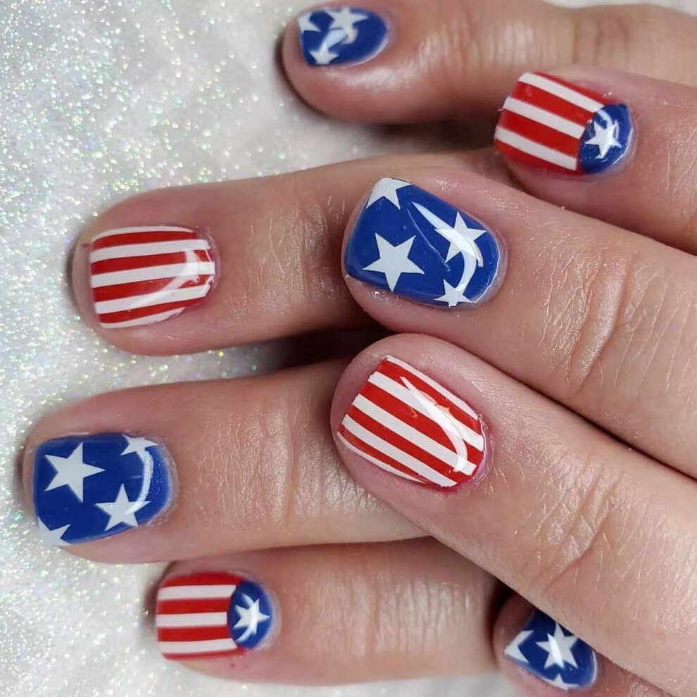 24 Pcs Independence Day Press On Nail Short Square False Nail