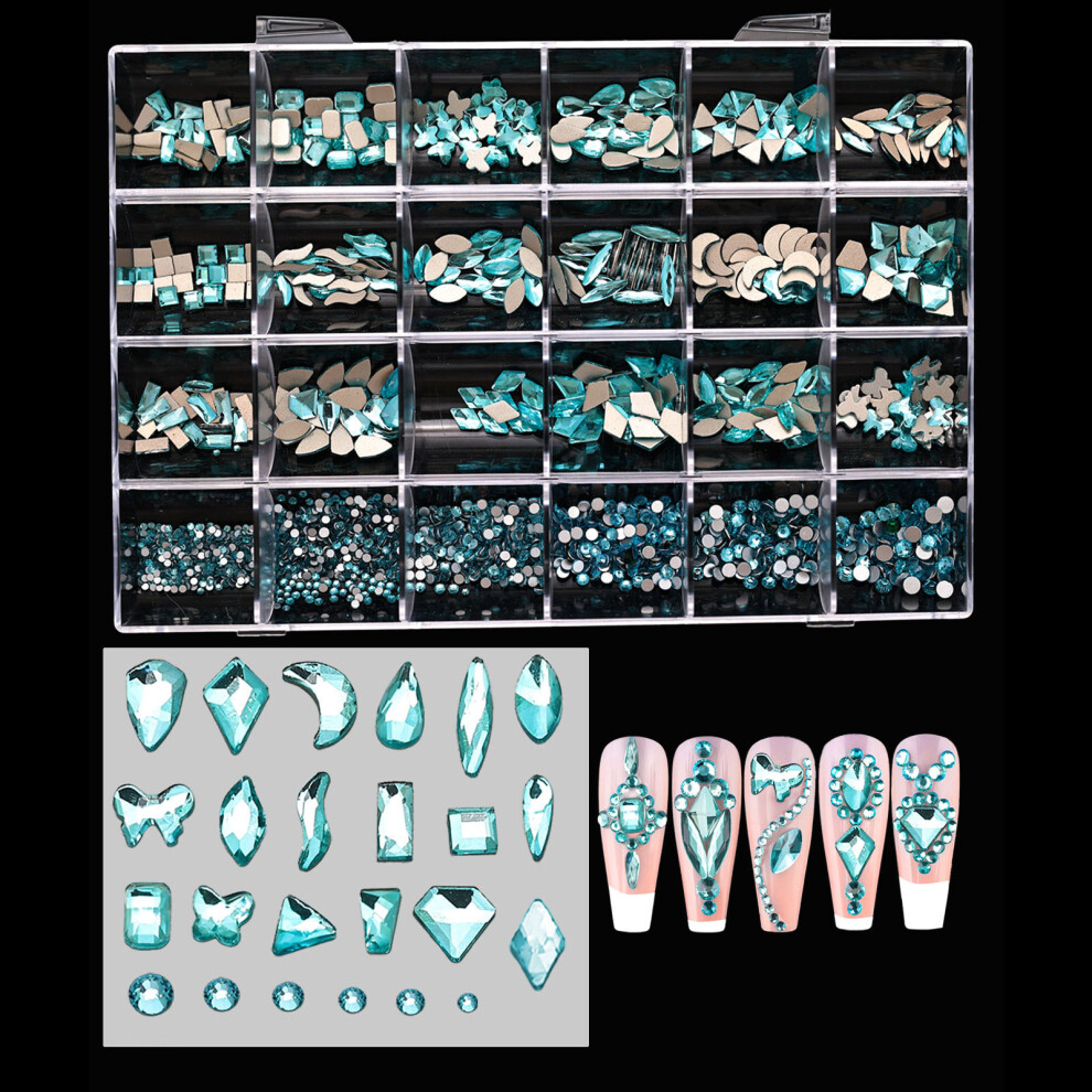 Blue 24 Grids Nails Charms Mixed Nail Art Rhinestones-Lake