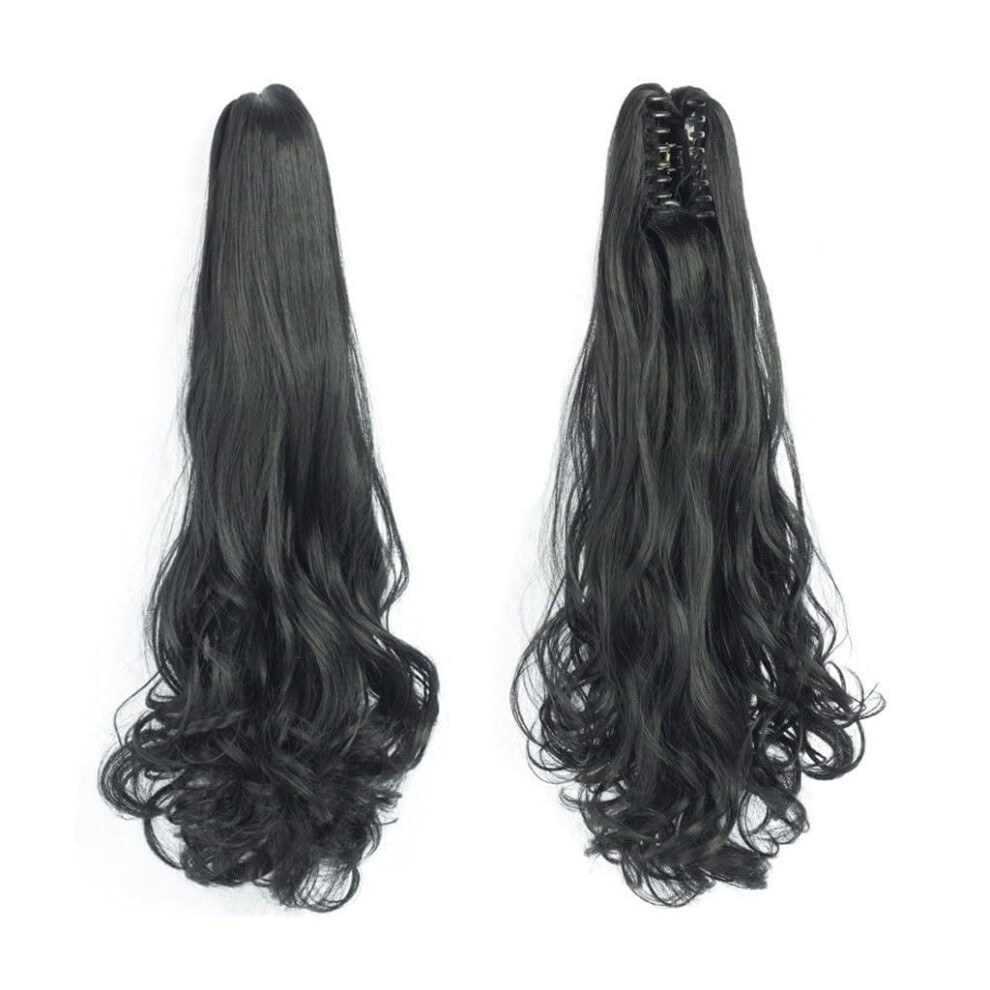 Unisex Synthetic Bun Ponytail Hair Extensions 22 Inch Curly Wavy Wig Claw Clip Color 1B