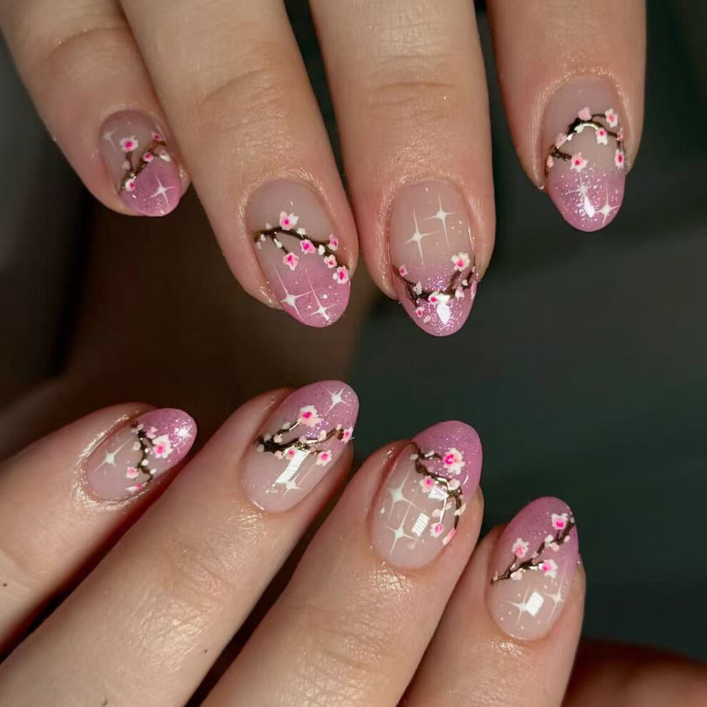 Flower Press on Nail Short Oval False Nail for Parties and