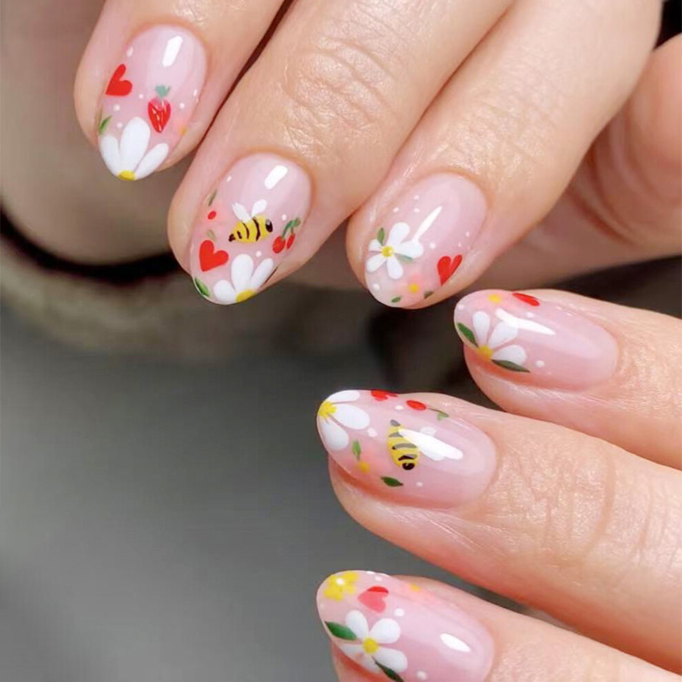 24x Flowers Press On Nail Short Oval False Nail Full Cover Stick