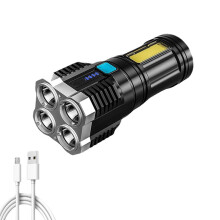 Lanterna tática portátil à prova d'água para uso externo, recarregável via USB, com LED e feixe lateral, ideal para sobrevivência, busca, caça