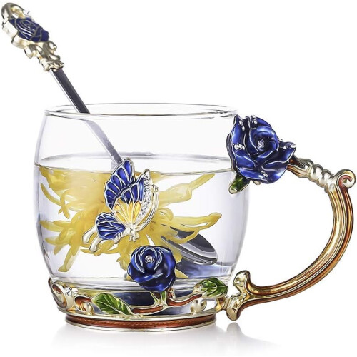 Γυάλινη κούπα τσαγιού Butterfly & Red Rose, 320ml κρύσταλλο χωρίς μόλυβδο, κομψή χειροποίητη