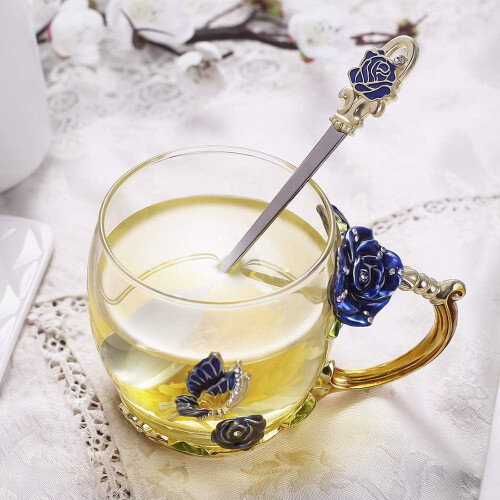 Γυάλινη κούπα τσαγιού Butterfly & Red Rose, 320ml κρύσταλλο χωρίς μόλυβδο, κομψή χειροποίητη 1