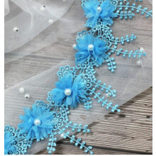 3D Chiffon Rose Lace Trim Ivory White 8cm Flowers 1 Yard 15 Pcs Pearl Tassel Fringe Wedding Deco DIY Peacock Blue