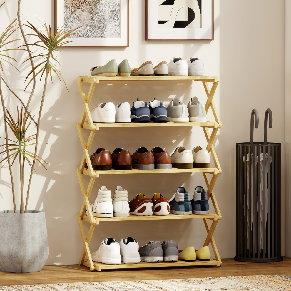 Homcom 5-Tier Bamboo Shoe Rack, Folding Shoe Shelf, Holds Up To 15 Pairs