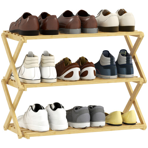 Homcom (S) HOMCOM Bamboo Shoe Rack, Folding Shoe Shelf 1