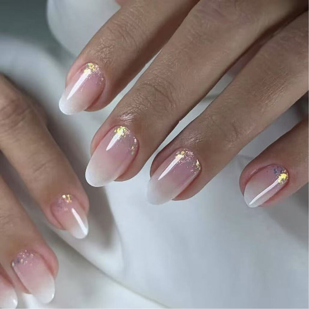 Short Almond Shaped False Nail Gradient Glitters Press On Nail