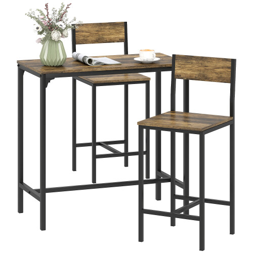 Homcom (Brown) HOMCOM 3-Piece Bar Table Set with 2 Stools, Footrest 1