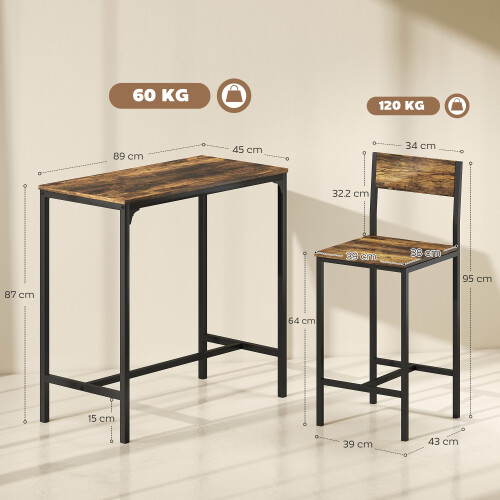 Homcom (Brown) HOMCOM 3-Piece Bar Table Set with 2 Stools, Footrest 2