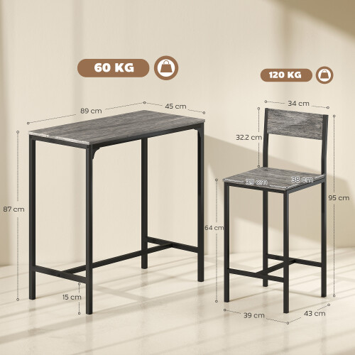 Homcom (Grey) HOMCOM 3-Piece Bar Table Set with 2 Stools, Footrest 2
