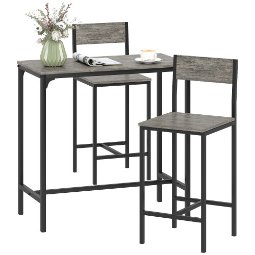Homcom (Grey) HOMCOM 3-Piece Bar Table Set with 2 Stools, Footrest 1