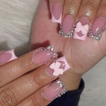 Short Almond Press On Nail With Pink Bows Pattern ABS Materials