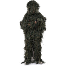 Ensemble Ghillie Suit avec motif camouflage, construction légère et respirante en polyester, facile à enfiler et à retirer grâce à sa jugulaire