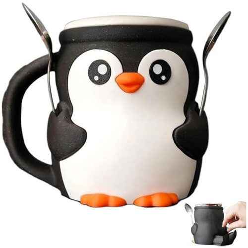 Penguins Shape Ice Cream Pints Holder-Black white with1 spoon 1