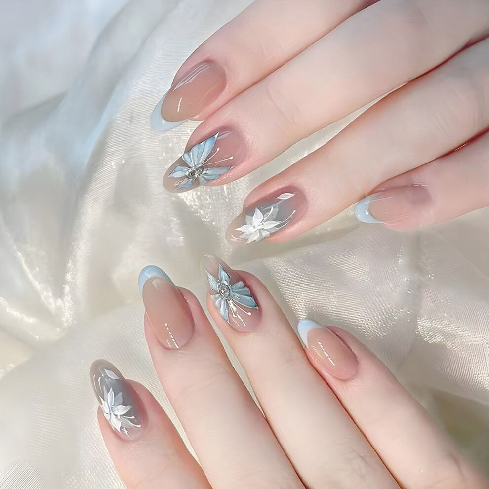Blue French Inspired Ombre Press On Nails 24Pcs Handmade
