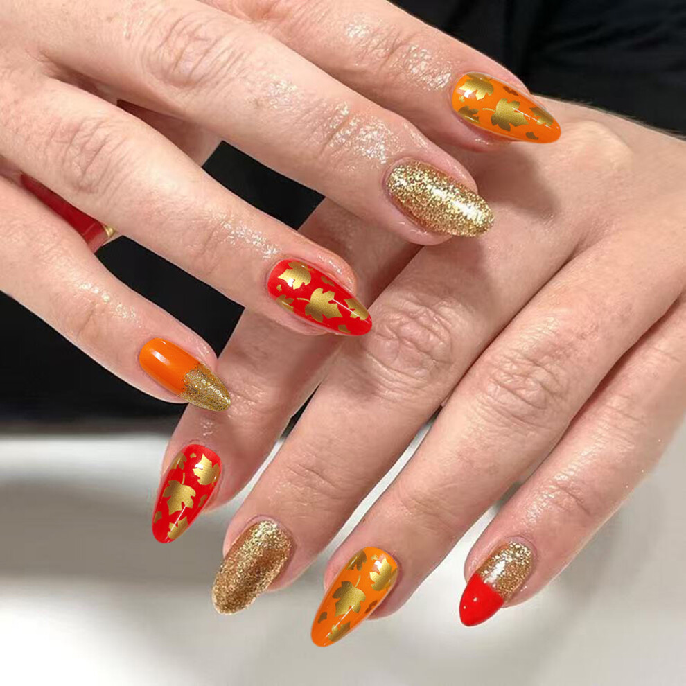 24Pcs Fall Maple Leaf Press On Nail Almond Fake Nail