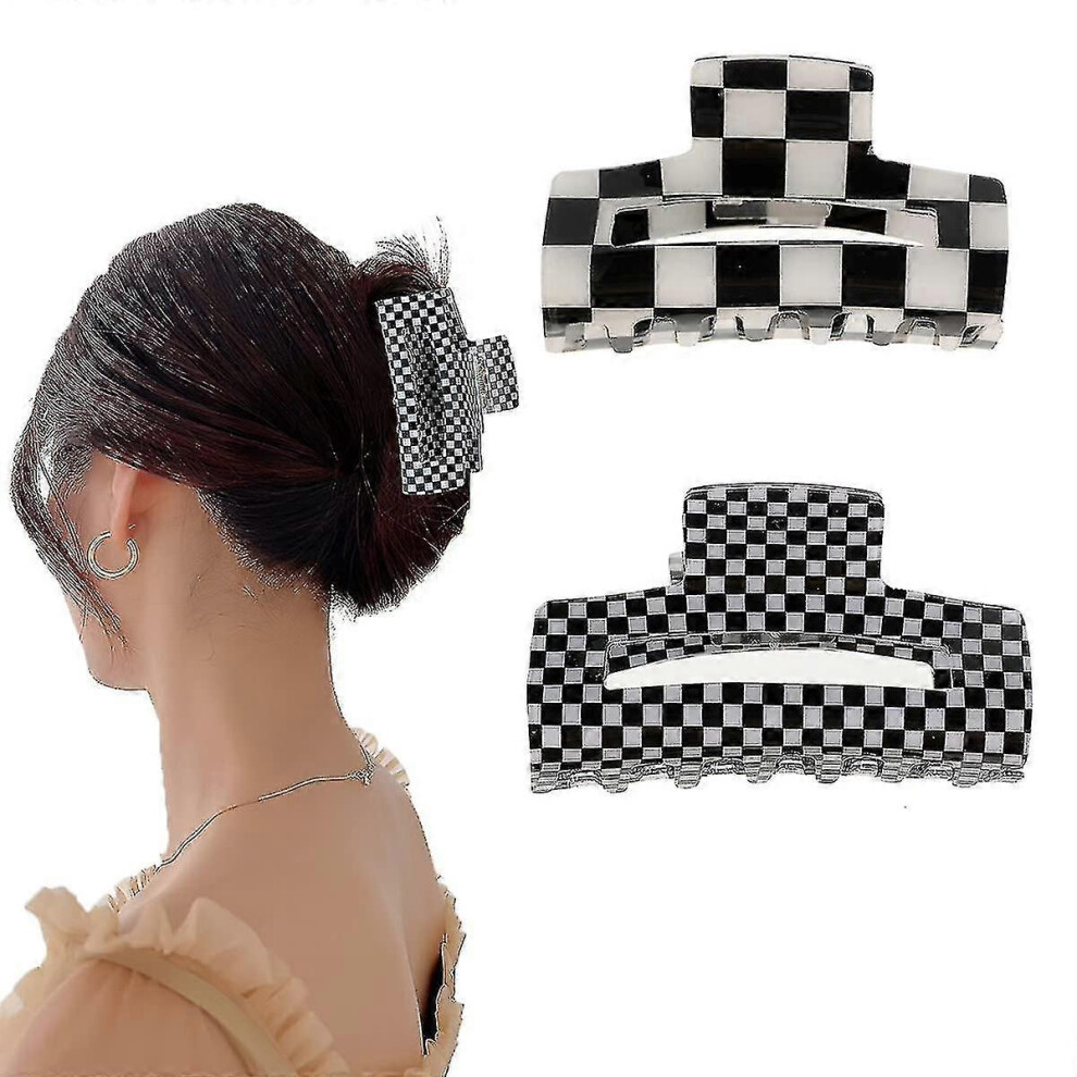 Black/White 2Pack Hair Claw Clips Banana Hair Clips For Women Girls Vintage Design Classic Lattice Print Barrettes Strong Hold Pin Teeth Clamp For Thi
