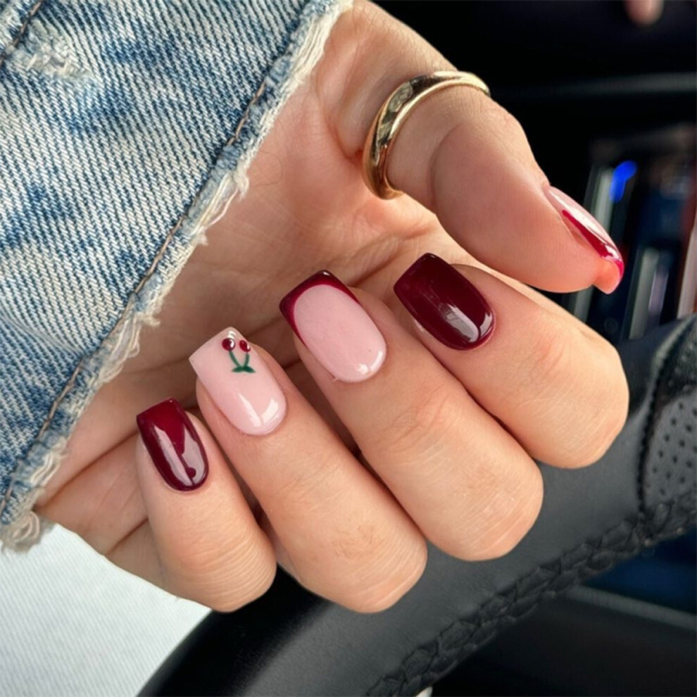 Professional French Manicure Press On Nail Wine Red Cherrys