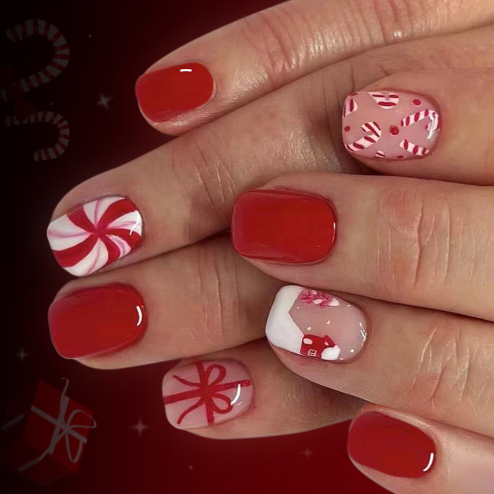 Red Christmas Party Press On Nail 24Pcs Snowflake Glitters