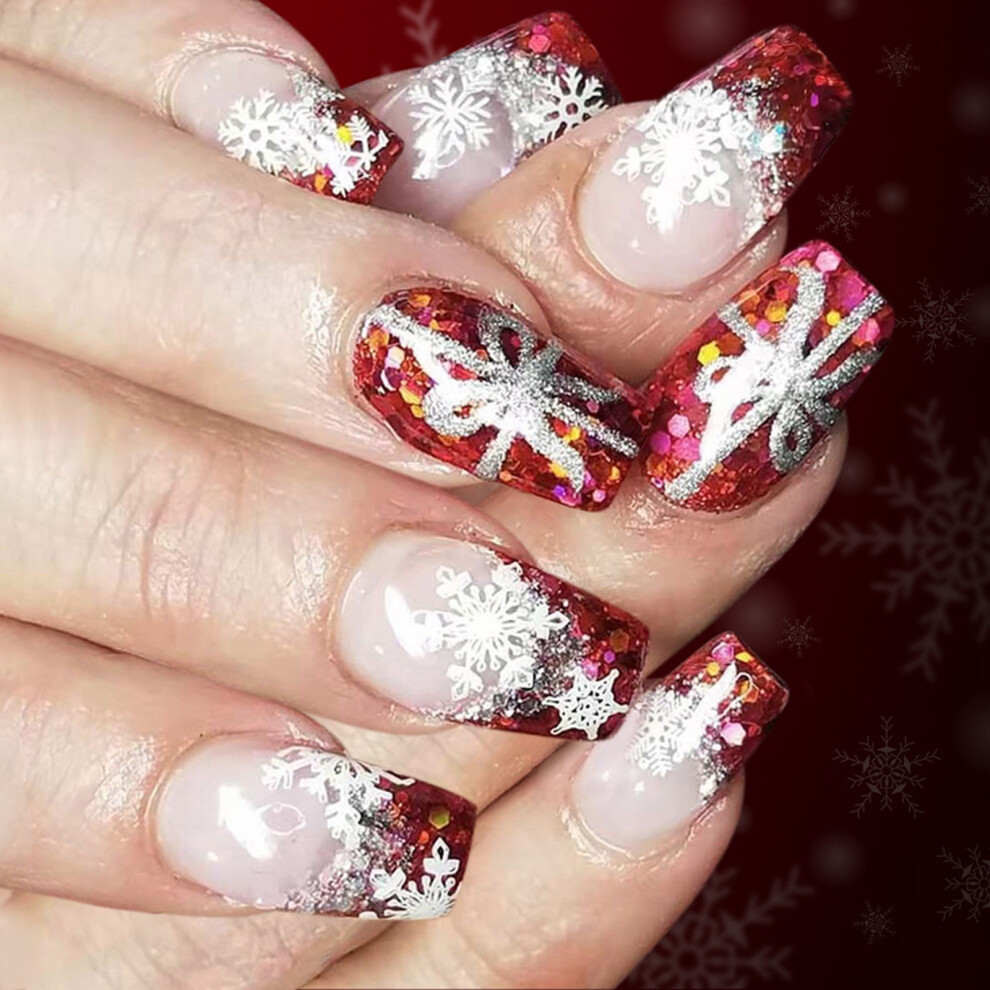 24Pcs Christmas French Glitters Press On Nail Snowflake Design