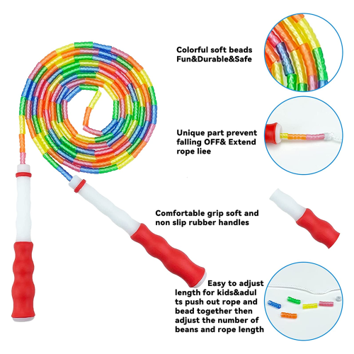 Corda de pular Rainbow com segmentação de contas plásticas, cabo confortável, corda de pular macia com contas, comprimento ajustável e design 2