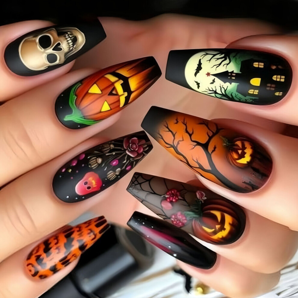 24Pieces Halloween Press On Nail Pumpkin Flower Spooky Cobweb