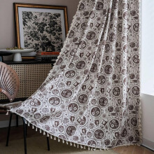 Farmhouse Curtains, Cotton Semi Blackout, Dishes Pattern, White Brown, 59x63 inches