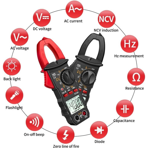 Digital Clamp Meter, 4000 Counts, AC Current, Ammeter, Multimeter, Voltage Tester, Auto, Amp Hz, Capacitance, NCV, Ohm, Tools (Red Box) 1