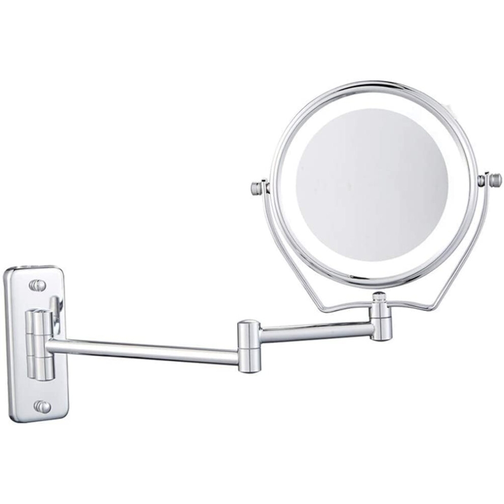 Doublesided LED makeup mirror with magnification, 15.2 cm, 1x/5x, wallmounted, 360 rotation